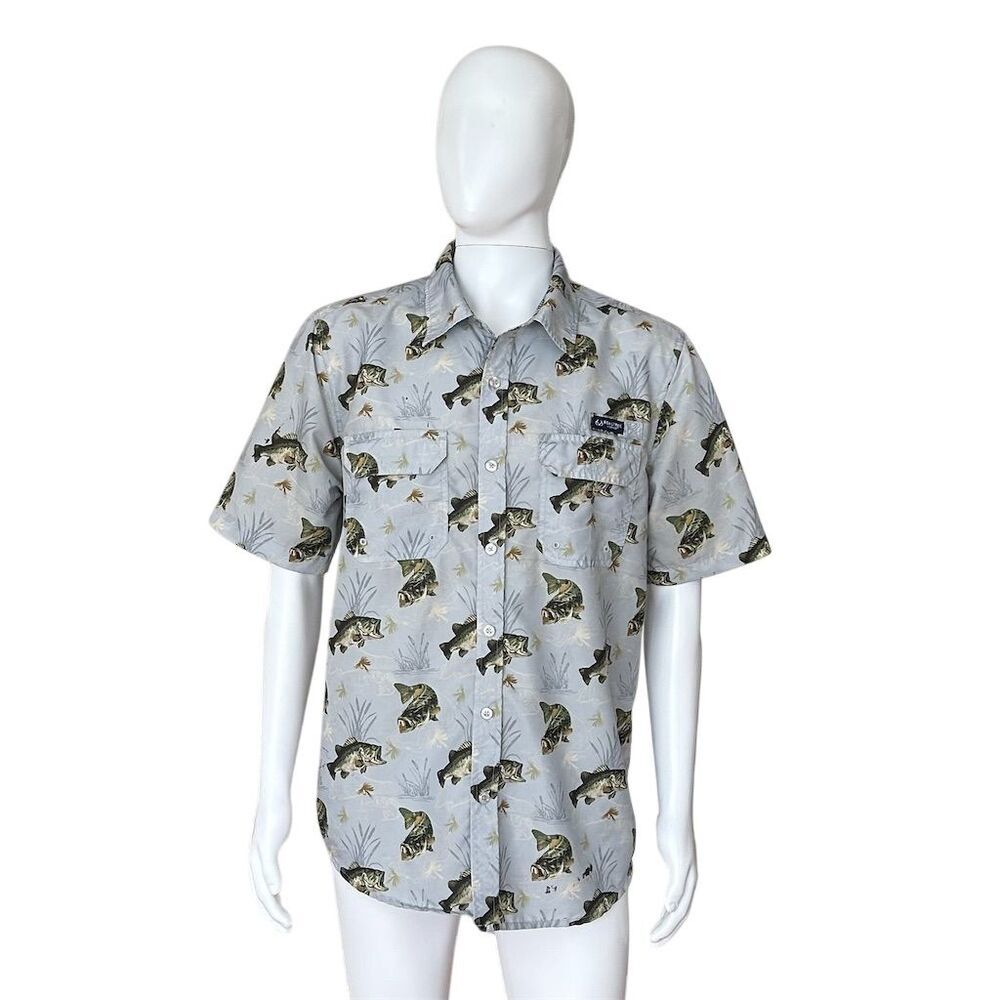 Realtree Fishing Men's Gray Fish Print Button-Up Shirt Size L - Picture 1 of 7